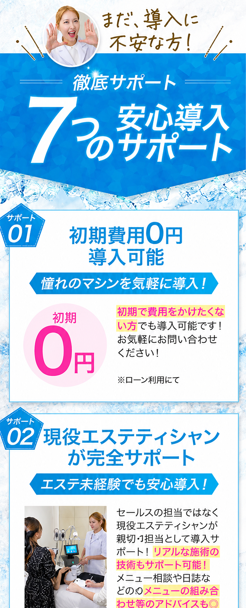 まだ導入に不安な方へ。徹底サポート 7つの安心導入サポート。サポート01 初期費用0円導入可能。サポート02 現役エステティシャンが完全サポート。