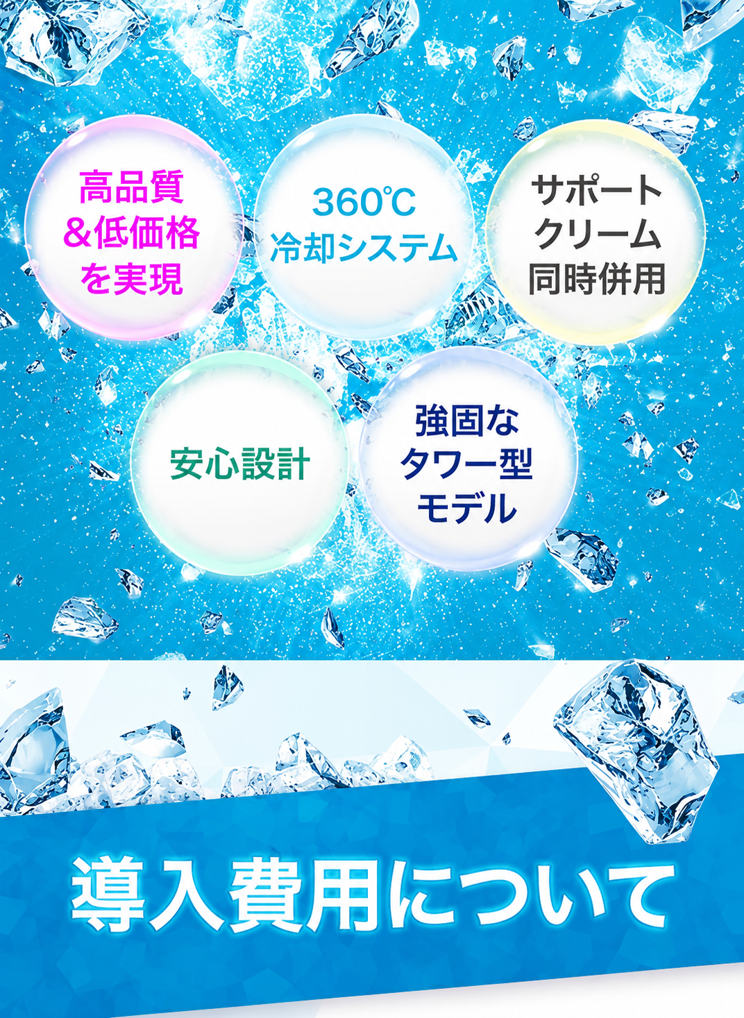 高品質＆低価格を実現／360℃冷却システム／サポートクリーム同時併用／安心設計／強固なタワー型モデル。導入費用について